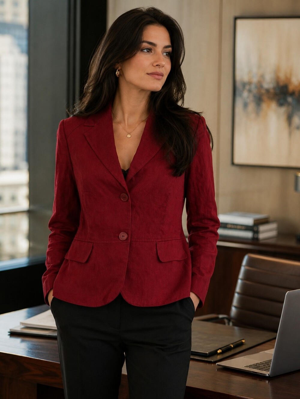 NWT Style & Co. Deep Red Two-Button Tailored 100% Linen Blazer Size 12